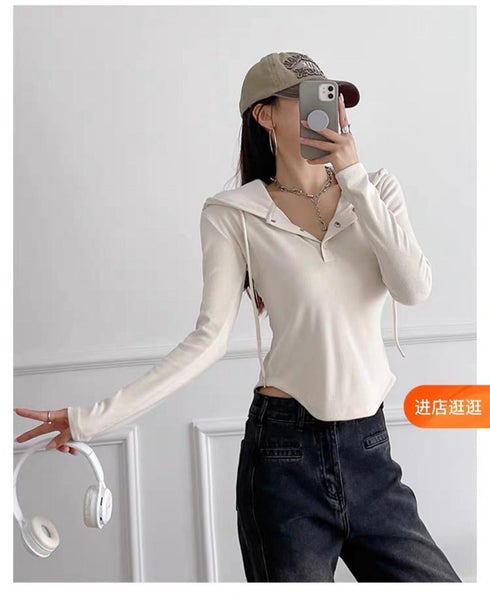 Color Down Botton Up Long Sleeves Tops